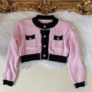 Cropped Cardigan Sweater Top Pink Black